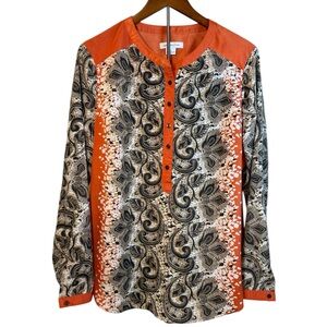 Liz Claiborne Orange & Brown Paisley Long-sleeve Top Henley Neckline Size XL